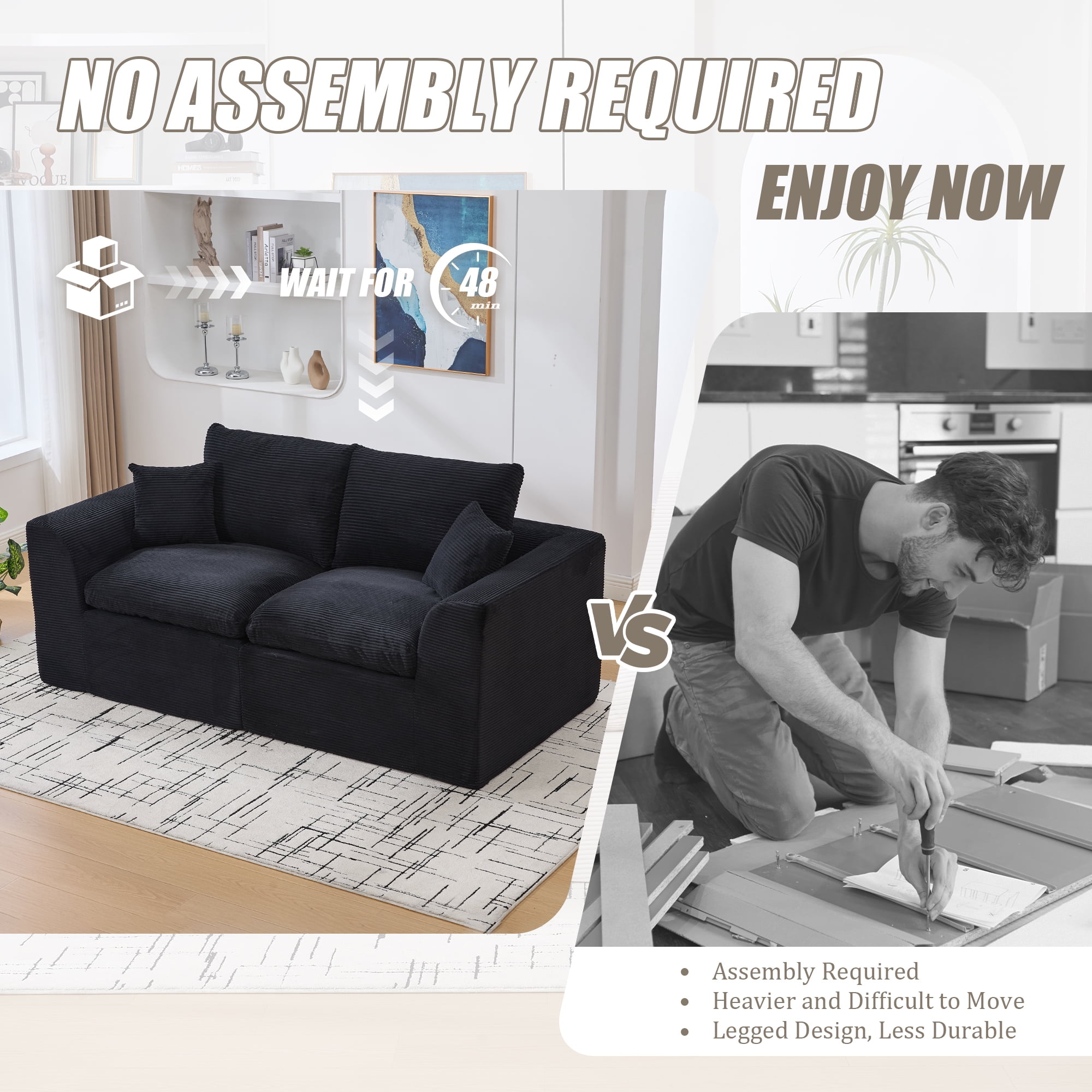 Leumius 80" Cloud Couch,Modern 2 Seater Sofa with Pillow,Upholstered Corduroy Fabric Modern Loveseat for Living Room Bedroom Apartments Dorms,No Assembly Required,Black