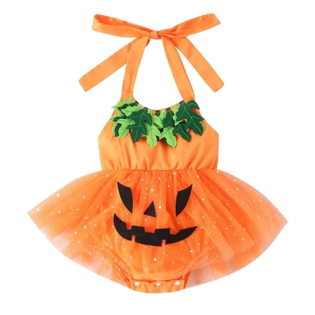 

Newborn Halloween Costume Halloween Children s Fall/winter Girls Green Pumpkin Net Skirt Swing Ha Dress Baby Costume(Color:Orange Size:3-6 Months)