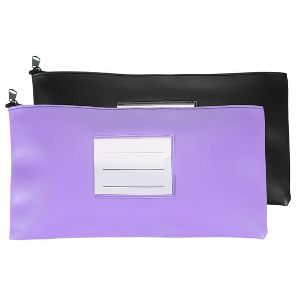 11x6 Inch Money Bags with Zipper, 2Pcs PU Leather Cash Deposit Bank Pouch Envelopes Check Wallet for Coin Cosmetics Invioce Bill, Black/Purple