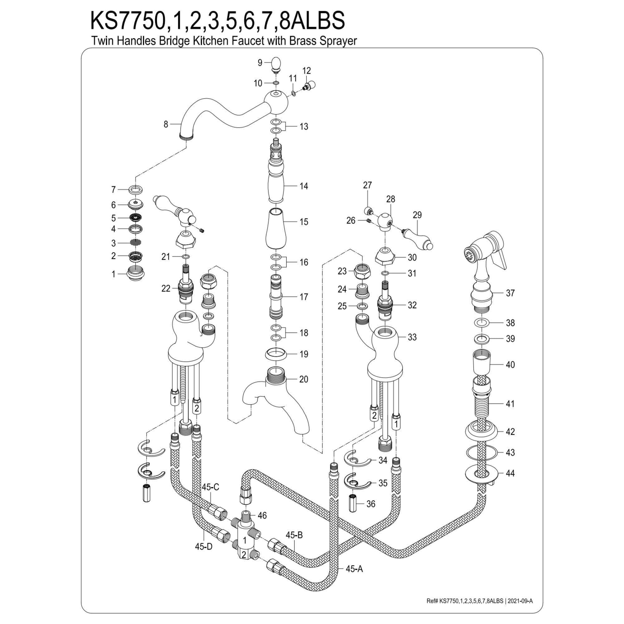 Kingston Brass KS7753ALBS English Country Two-Handle 3-Hole Deck Mount Bridge Kitchen Faucet with Brass Side Sprayer in Antique Brass