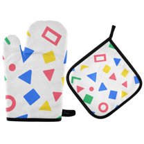 Yayeee Oven Mitts and Pot Holder Set of 2 Heat Resistant Kitchen Gloves Baking Hot Pad, Blue Retro Triangles