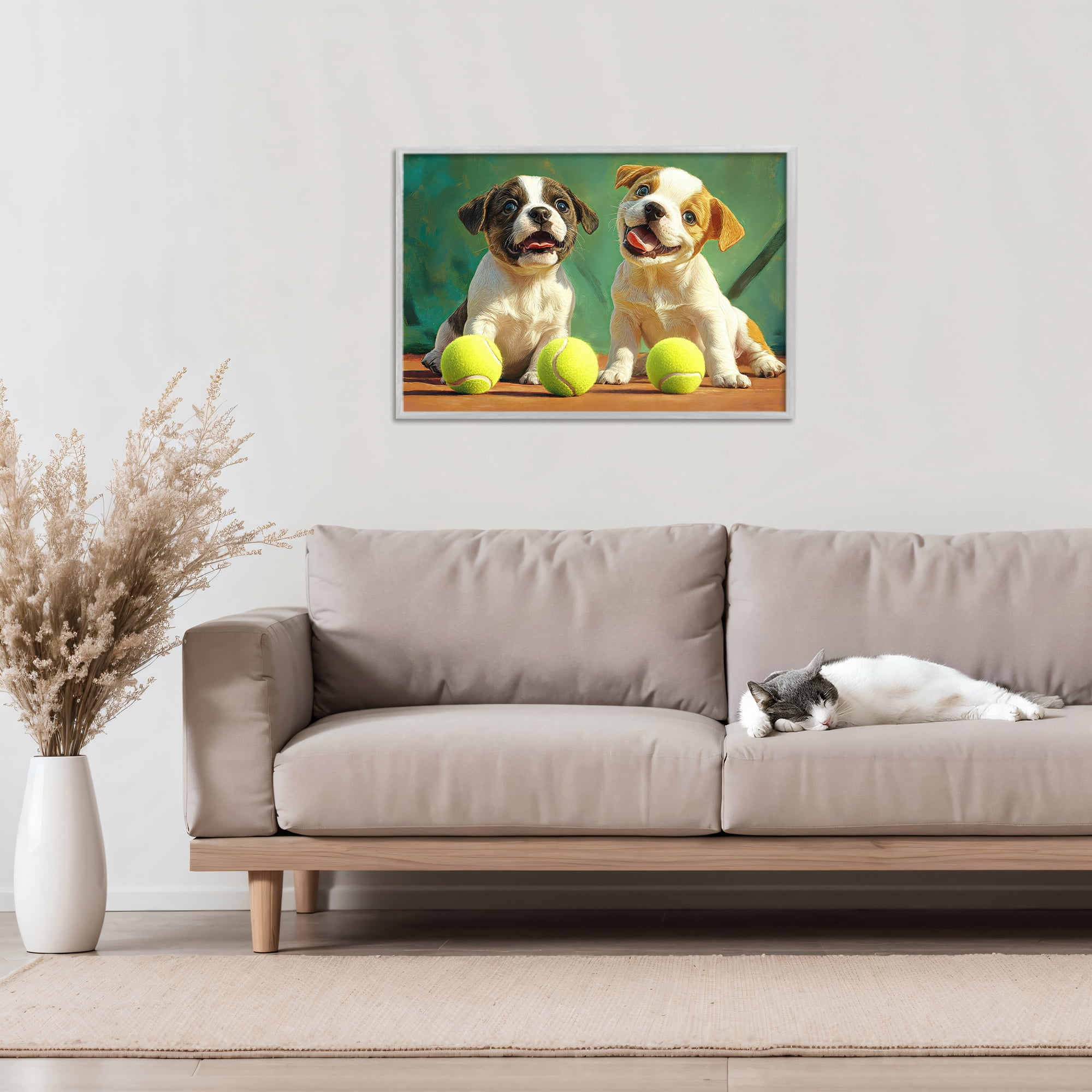 Stupell Industries Adorable Puppies with Tennis Balls Gray Framed Giclee Art, design by Imagine It Images