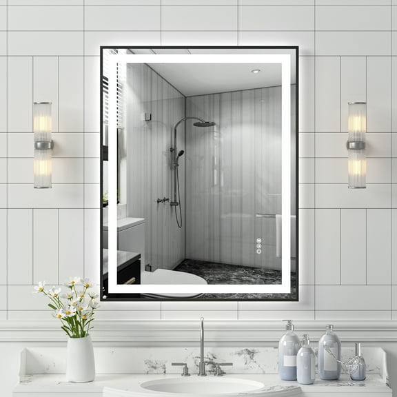 Wall Mounted Bathroom Mirrors 28x36" Black Tempered MirrorDual LED Light StripsFront and Back Lighting,Frameless Bathroom Mirrors
