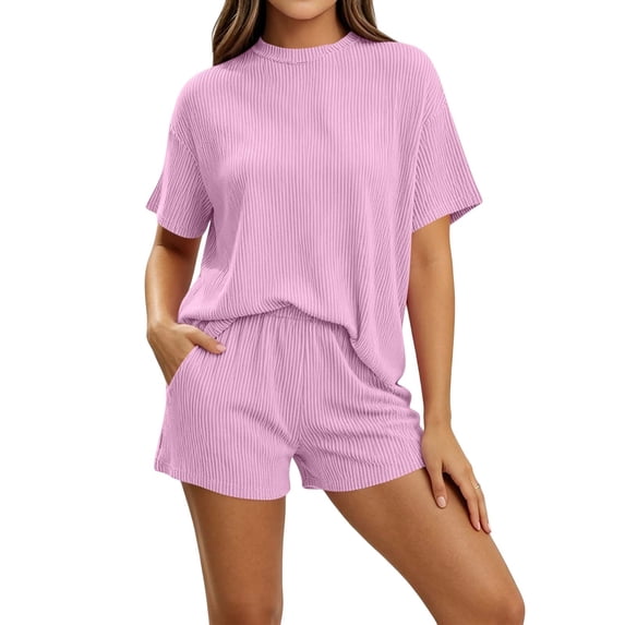 KIHOUT Women Solid Color Rib Knit 2 Piece Outfits Short Sleeve Crew Neck Top and Shorts Set Loose Fit Casual Tracksuit for Summer Daily