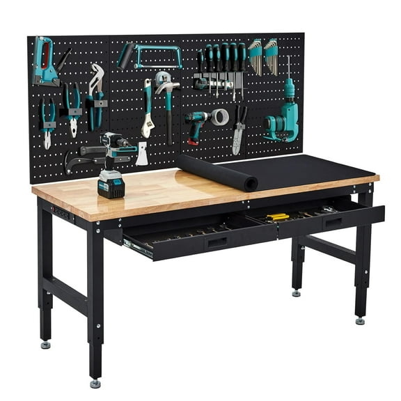 Rugerasy 60 Inches Rubber Wood Tabletop Workbench with Drawers & Outlets