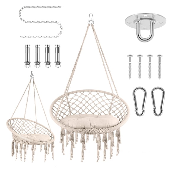 Tanfengu,330 LBS Capacity Macrame Hammock Swing Chair,31.5 × 37.8 × 32.3 in Hand-Woven Hanging Chair with Cushion & Hardware,for Bedroom, Balcony, Porch