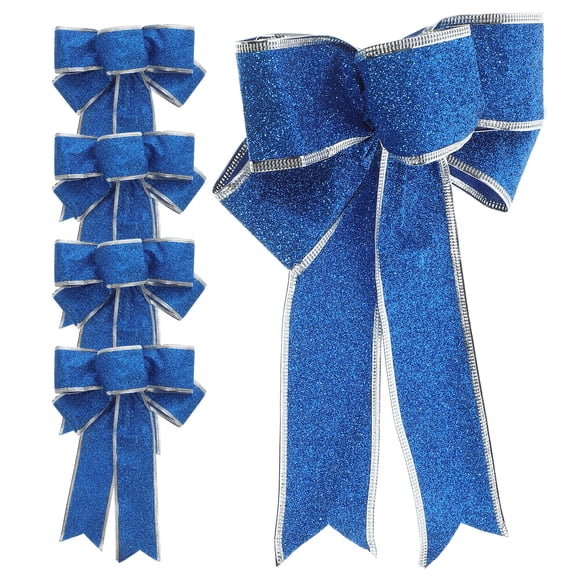 Uonlytech Glittering Blue Polyester Bows for Christmas Trees and Home Decor 5Pcs