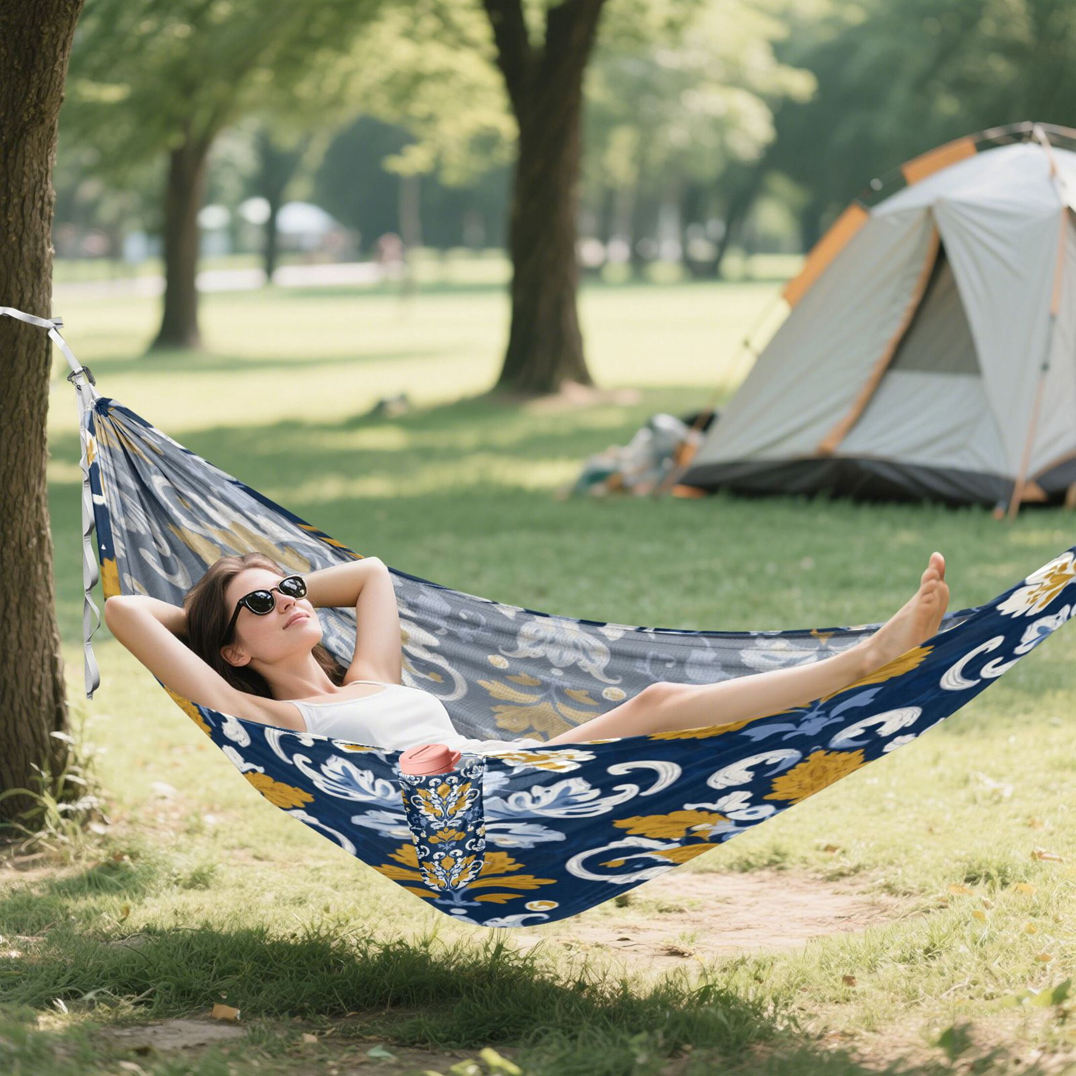 Hammock Camping Hammock Nylon Portable Hammock Travel Camping Hammock Navy Damask Golden Florals