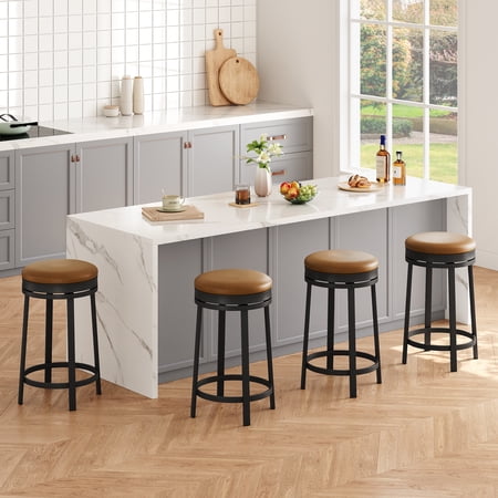 Set of Swivel Bar Stools – 24.4'' Counter Height, Backless Round Seat, Waterproof PU Leather, Metal Frame and Footrest, For Kitchen Island or Home Bar, Brown, 4PCs