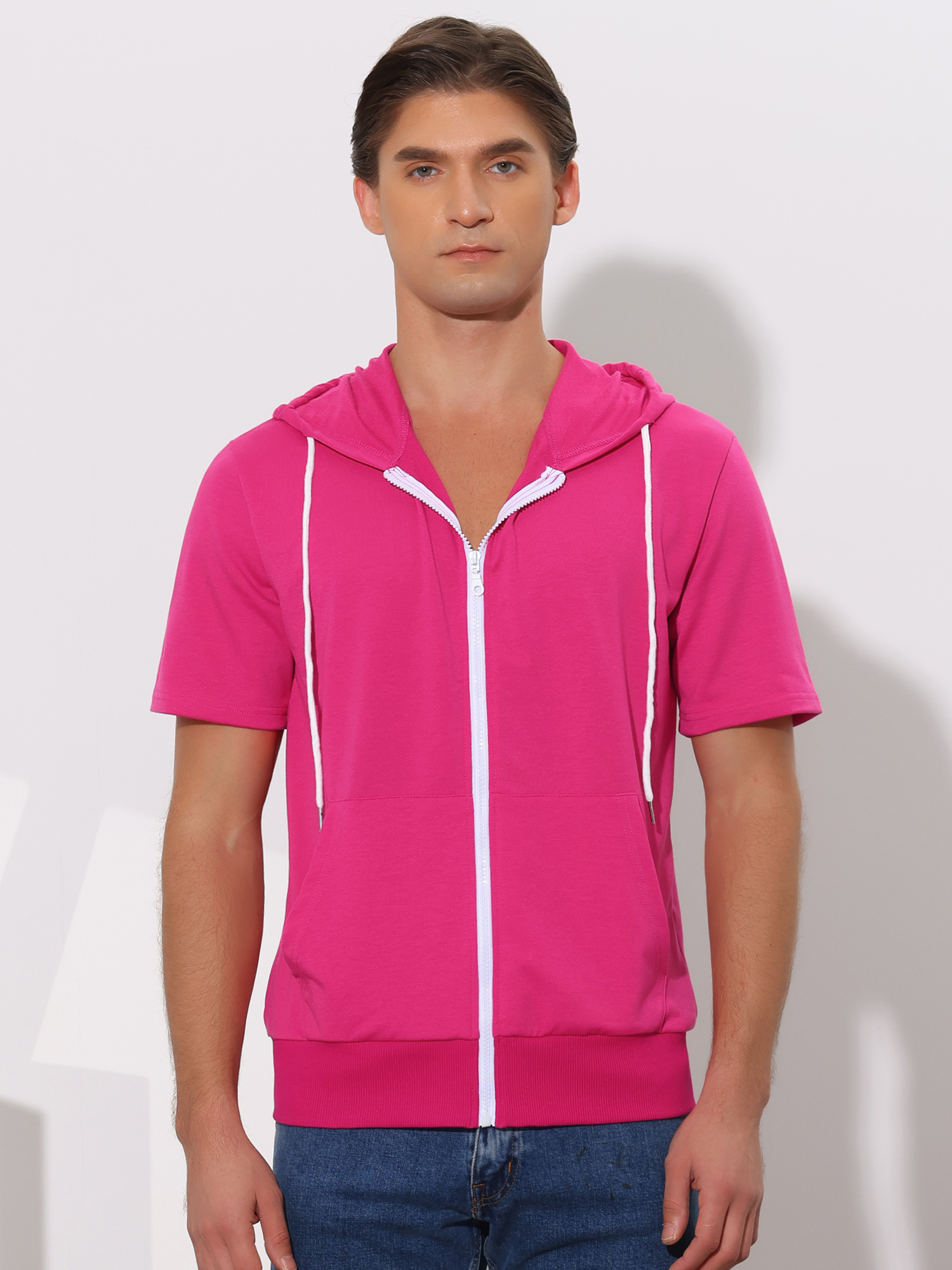Unique Bargains Men's Short Sleeve Solid Color Zip Up Sport Hoodies L Rose Red