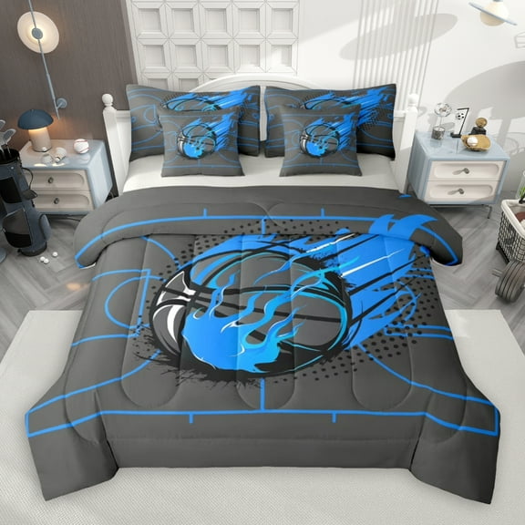 Manfei Boys Sport Theme 7-Piece Twin Bedding Sets,Teens Basketball Gamer Bedding Comforter Set,Blue Gray Sheet Sets For Teens,Luxury Bedroom Decor Reversible