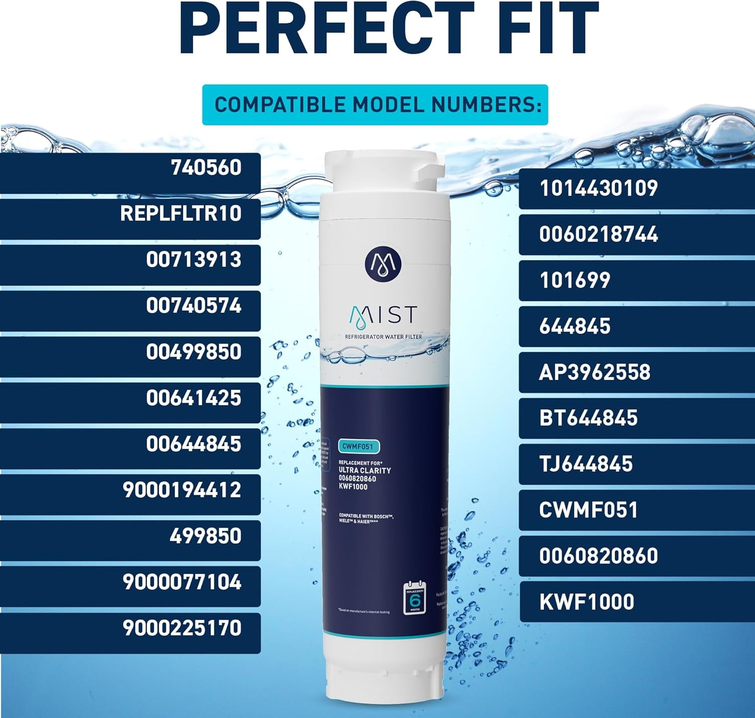 Mist Ultra Clarity Refrigerator Water Filter Replacement Cartridge for Bosch, Compatible with 644845, 9000077104, 9000194412, Haier 0060820860, 0060218744, Miele KWF1000, Bosch Water Filter, 2-Pack