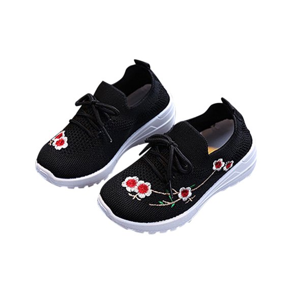 Xfvqtps Kids Girls Casual Shoes Mesh Flats Slip on Lace up Flower Embroidery Soft Sole Non Slip Breathable Comfortable Lightweight Athletic Running Jogging Walking Sneakers Black