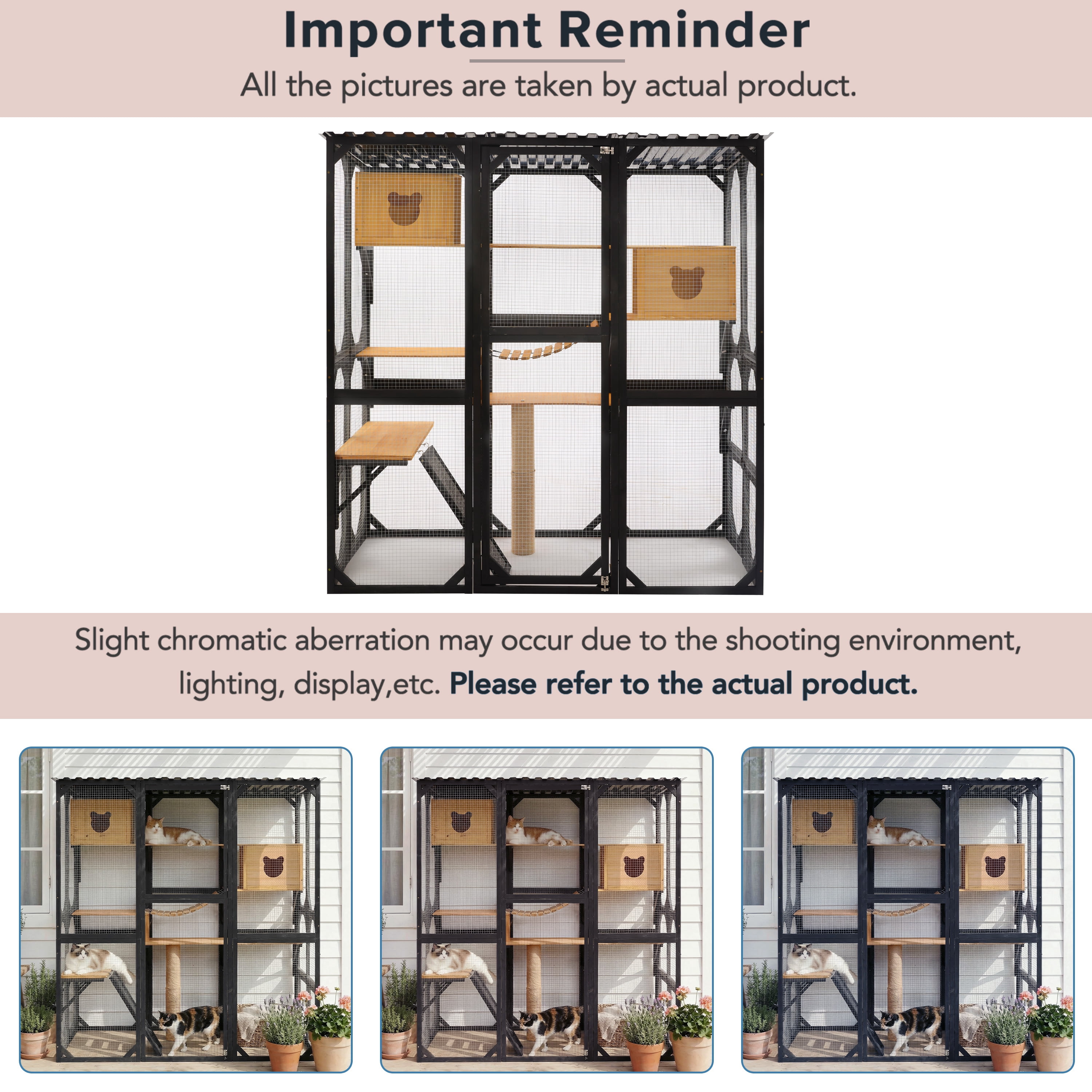 Outdoor Cat Enclosure, Fir Wood Catio with Sleeping Houses, Jumping Platforms, Scratching Post & Secure Doors, Black + Natural, Ideal Patio Playpen for Cats