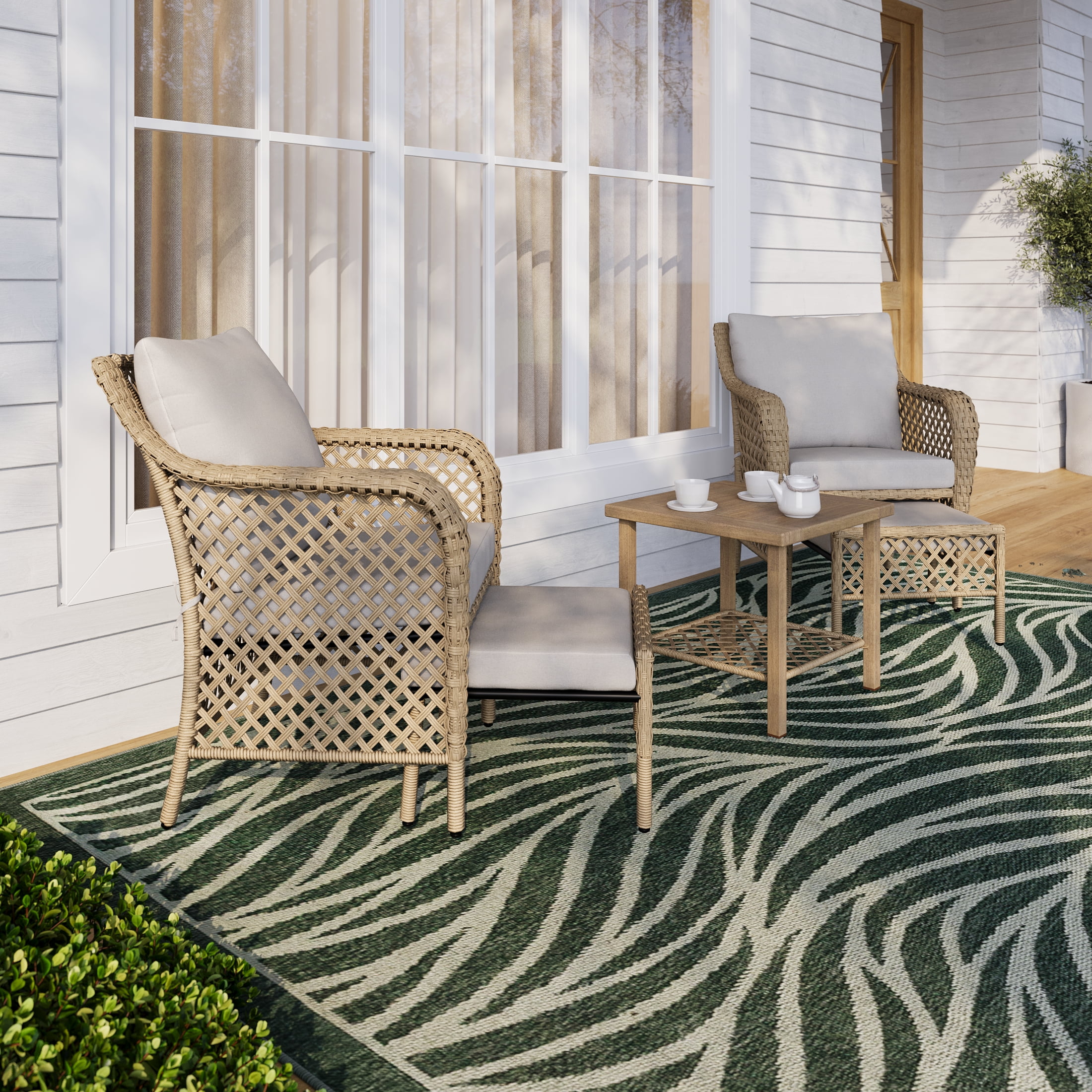 HOMETRENDS Belmont 5-Piece Steel Outdoor Chat Set with Ottomans and Cushions, Oatmeal