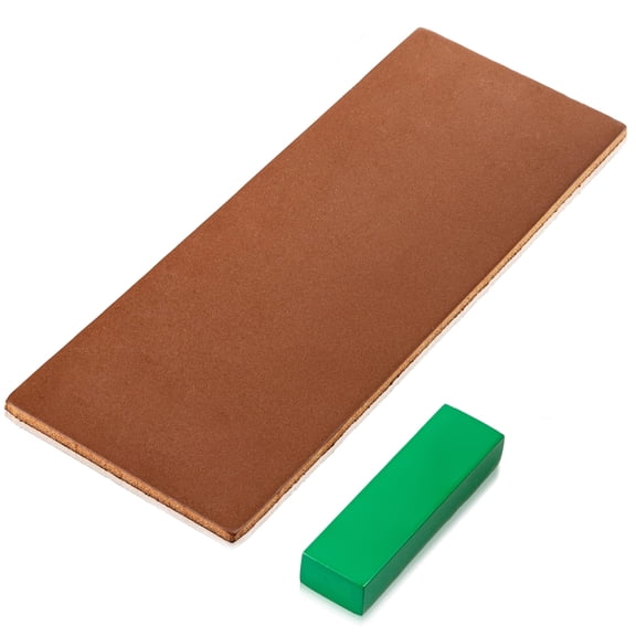 Knife sharpening strop, genuine leather honing strop with green compound, 2 sided sharpener for chef knives, razors, tools, easy to use, brown