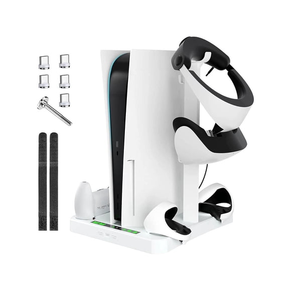 Cooling Fan Stand for PS5 Console, PSVR 2 Charging Station for PS VR2 Sense Controller, Charger Dock with PlayStation5 Accessories VR Headset Holder, Magnetic Plug, LED Indicator