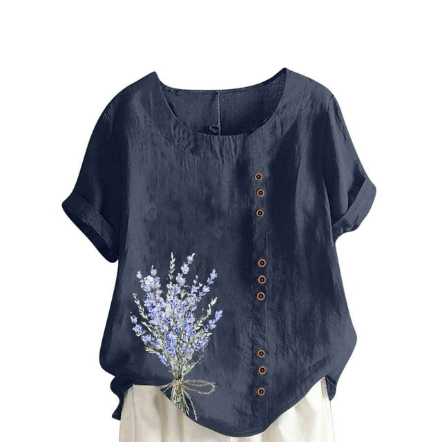 Vestidos Casuales Para Mujer, Blusas De Mujer De Moda Blusa informal de lino con cuello redondo, manga corta y botones para mujer