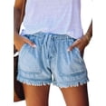 thumbnail image 1 of Luxur Women's Casual Solid Color Drawstring Denim Shorts, Light Blue, S, 1 of 4