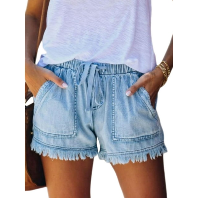 Luxur Women's Casual Solid Color Drawstring Denim Shorts, Light Blue, S
