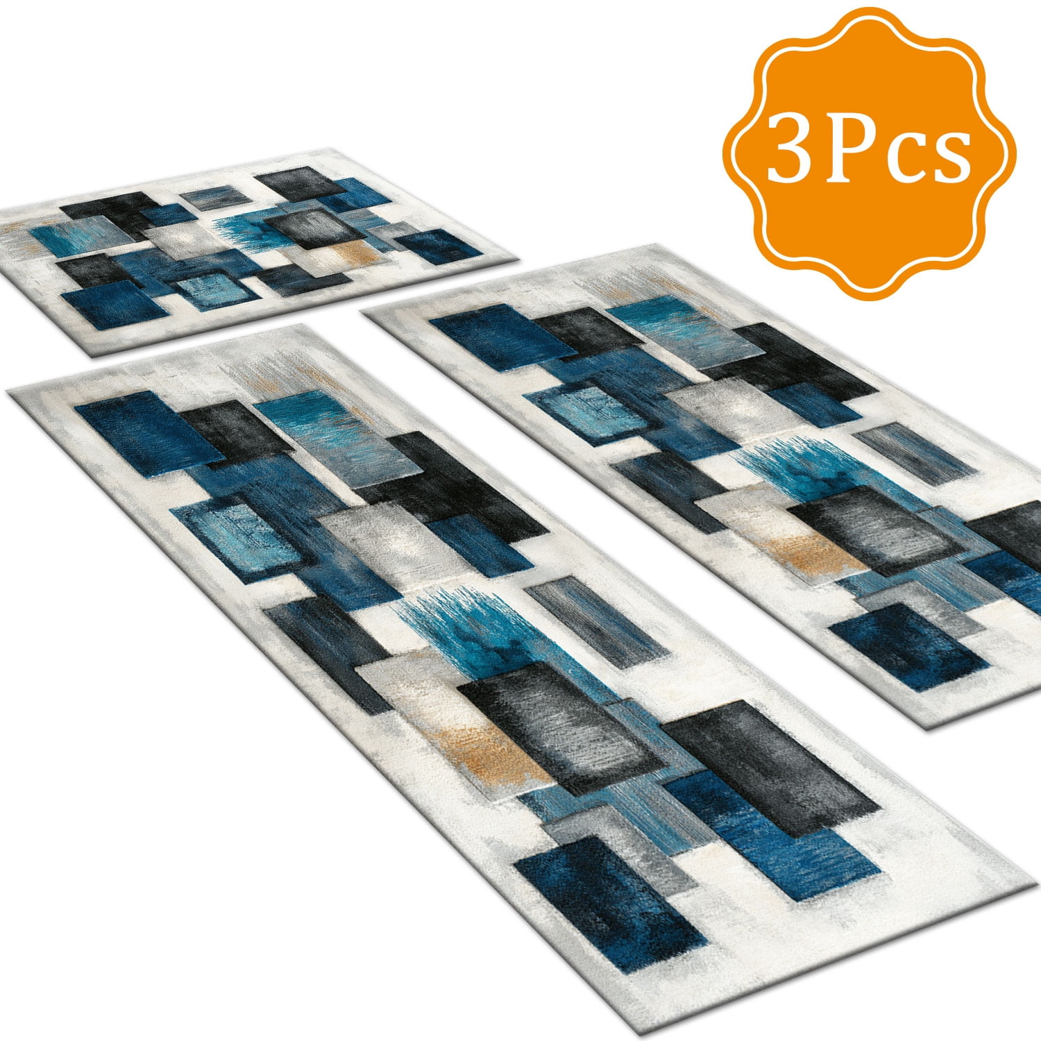 3 Piece Kitchen Rug Set, Non-Slip And Washable, Abstract Pattern Kitchen Hallway Rug, Soft And Comfortable, Suitable For Sinks, Floors, Entrances, Hallways and Bathrooms