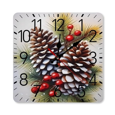 RKSupls 10 × 10 inch Square Silent Wall Clock Wooden Frame, Snowy Pine Cones With Red Berries Scale