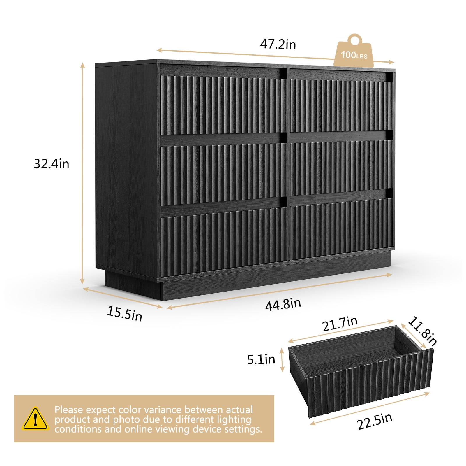 UPGO Wood Dresser, 6 Drawer Dresser for Bedroom, Modern Chest of Drawers with Deep Drawers Waterproof Living Room, Hallway, Entryway,Black