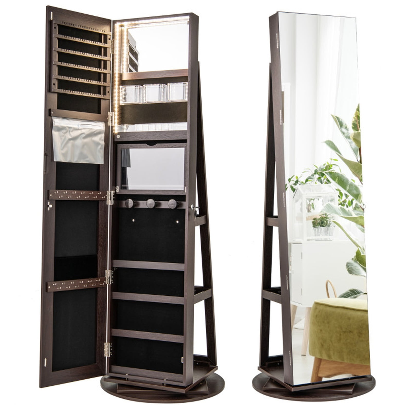 Furnibear 360° Rotating Mirrored Jewelry Cabinet Armoire 3 Color LED Modes Lockable for Bedroom Dressing Room Jewelry Necklace Rings, Espresso