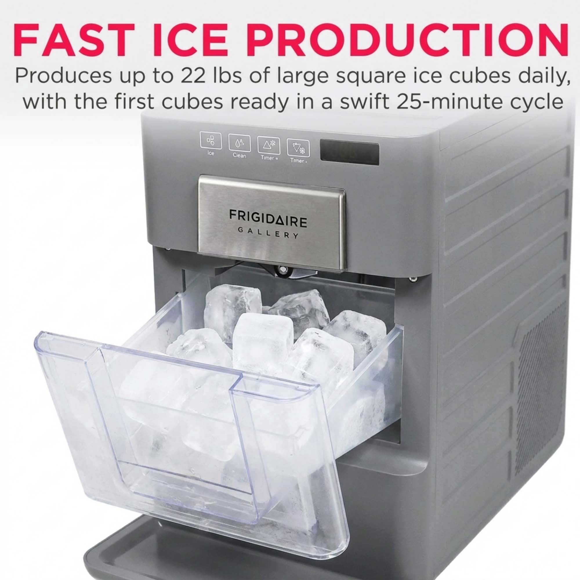 Frigidaire Gallery 22 lbs. Premium Artisanal Square Ice Maker, Self-Cleaning Ice Machine with Touch Controls, Grey FGIC523