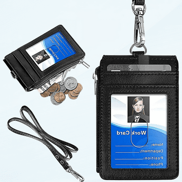 Badge Holder with Zipper, PU Leather ID Badge Card Holder Wallet with 5 Card Slots, 1 Side RFID Blocking Pocket and 20 inch Neck Lanyard Strap for Offices ID, School ID, Driver Licence (Black)
