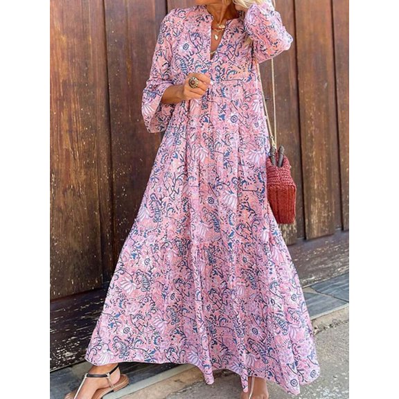 Women's Long Sleeve Floral Printed A-Line Maxi Dress