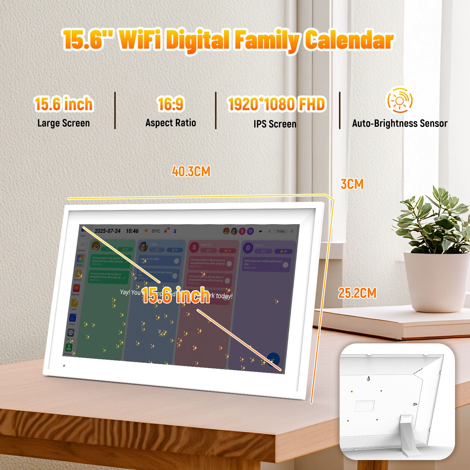 AEEZO Wifi15.6" Smart Digital Calendar – 1920×1080 Interactive Touchscreen Family Planner & Calendar with Chore Chart & Meal Planner, Wall-Mountable,White+Plastic Frame
