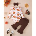 thumbnail image 3 of KIMI BEAR Newborn Baby Girl Thanksginving Day Outfit Set 6-12 Months Clothes Ruffle Long Sleeves Turkey Romper Top Flared Pants with Headband 3pcs Clothing Brown, 3 of 6