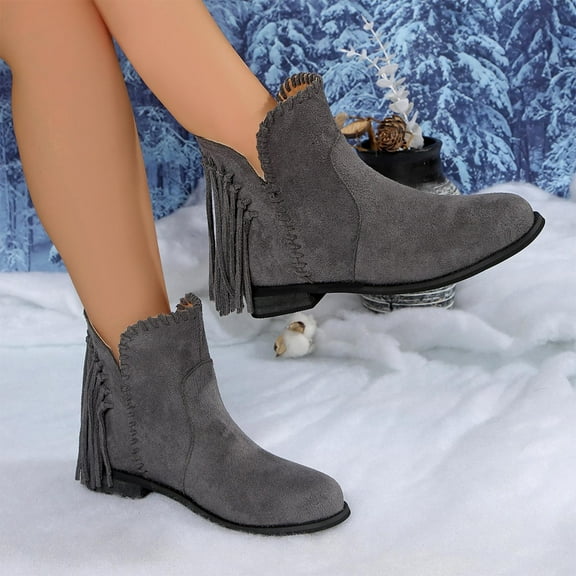 Busydd Winter Boots for Women Comfy Low Heel Slip on Booties for Women Fashion Fringe Round Toe Womens Ankle Boots 9.5