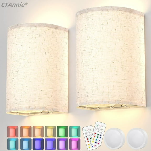 CTAnnie 2 Wall Sconce Lighting Decor Set16 RGB Colors Changeable Wall Lamp Fabric Linen Shade Wireless Dimmable Wall Lamp Fixtures Living Room Bedroom Hallway Stairway
