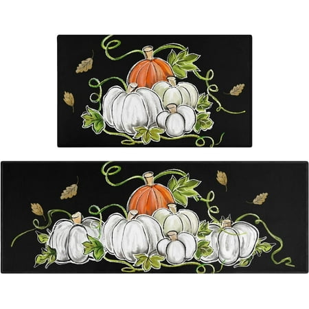 

Fall Kitchen Rugs Set of 2 White Pumpkin Leaf Harvest Thanksgiving Floor Mats and Rugs Non Skid Washable for Kitchen Home Decor Fall Farmhouse Decorations and Accessories (17 x47 +17 x30 )
