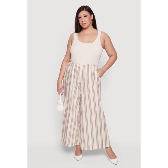 Women's Plus Size Sleeveless Striped Ribbed Knit Jumpsuit