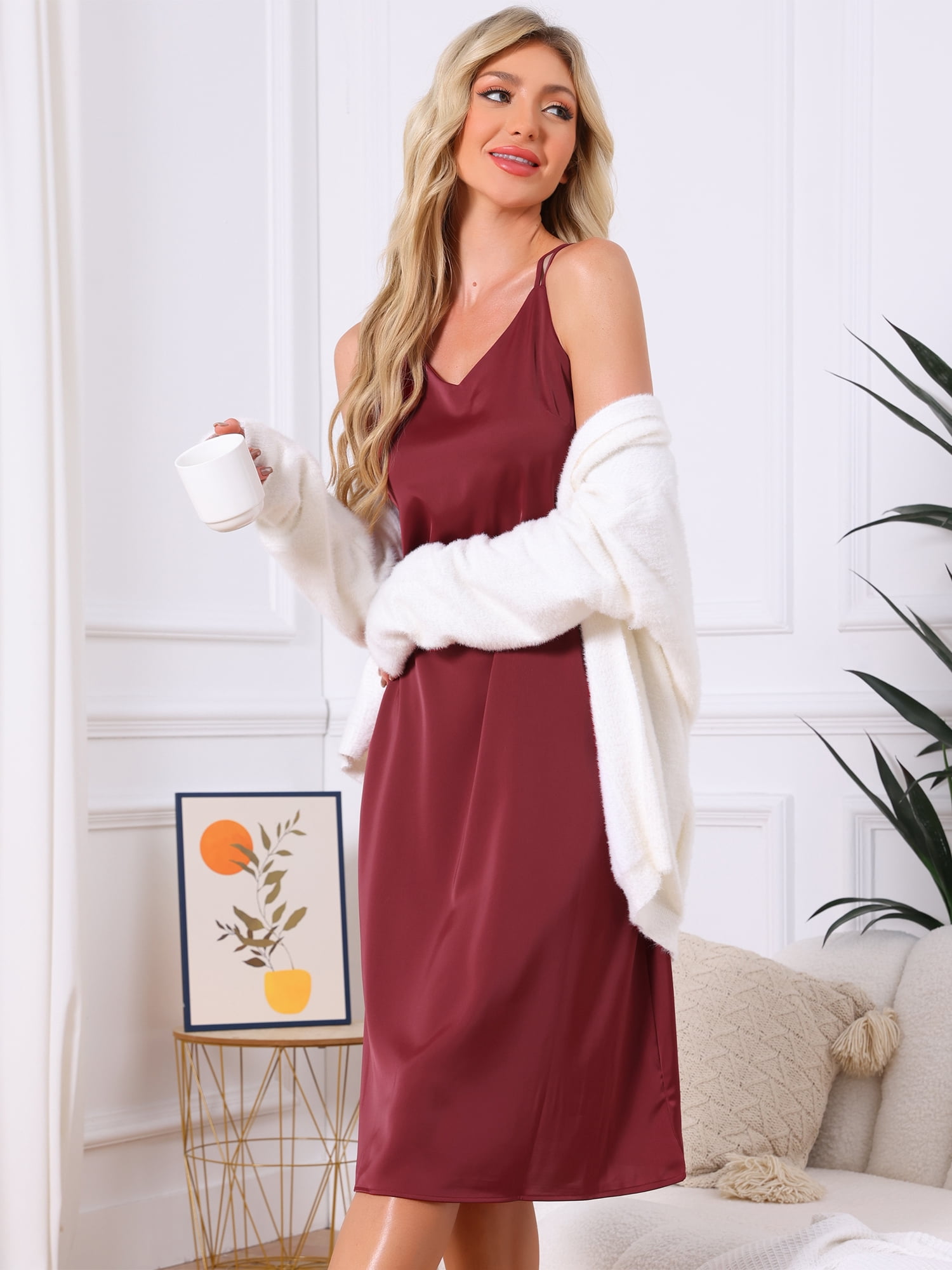 DARING DIVA Women's Sleeveless Double Spaghetti Strap V Neck Nightgown S Red
