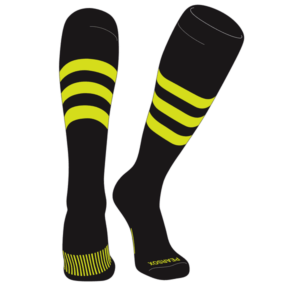 PEAR SOX Striped OTC Baseball, Softball, Football Socks (A) Black, Neon Yellow (XS)