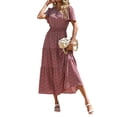 thumbnail image 2 of VISgogo Vestido largo para mujer, cuello redondo, manga corta, cintura elástica, estampado floral, estilo bohemio, vestidos casuales VISgogo moda, 2 of 6