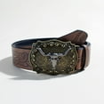 thumbnail image 2 of Jiibva Cowboy Buckle Belt Vintage Western Printed Belt Western Leather Bull Head Buckle Belt Engraved Floral Bull Belt for Men Women, 2 of 7