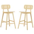 thumbnail image 4 of Set of 2 Natural Finish Wooden Bar Stools with Curved Seat and Rattan Back for Counter Height Table, 4 of 8