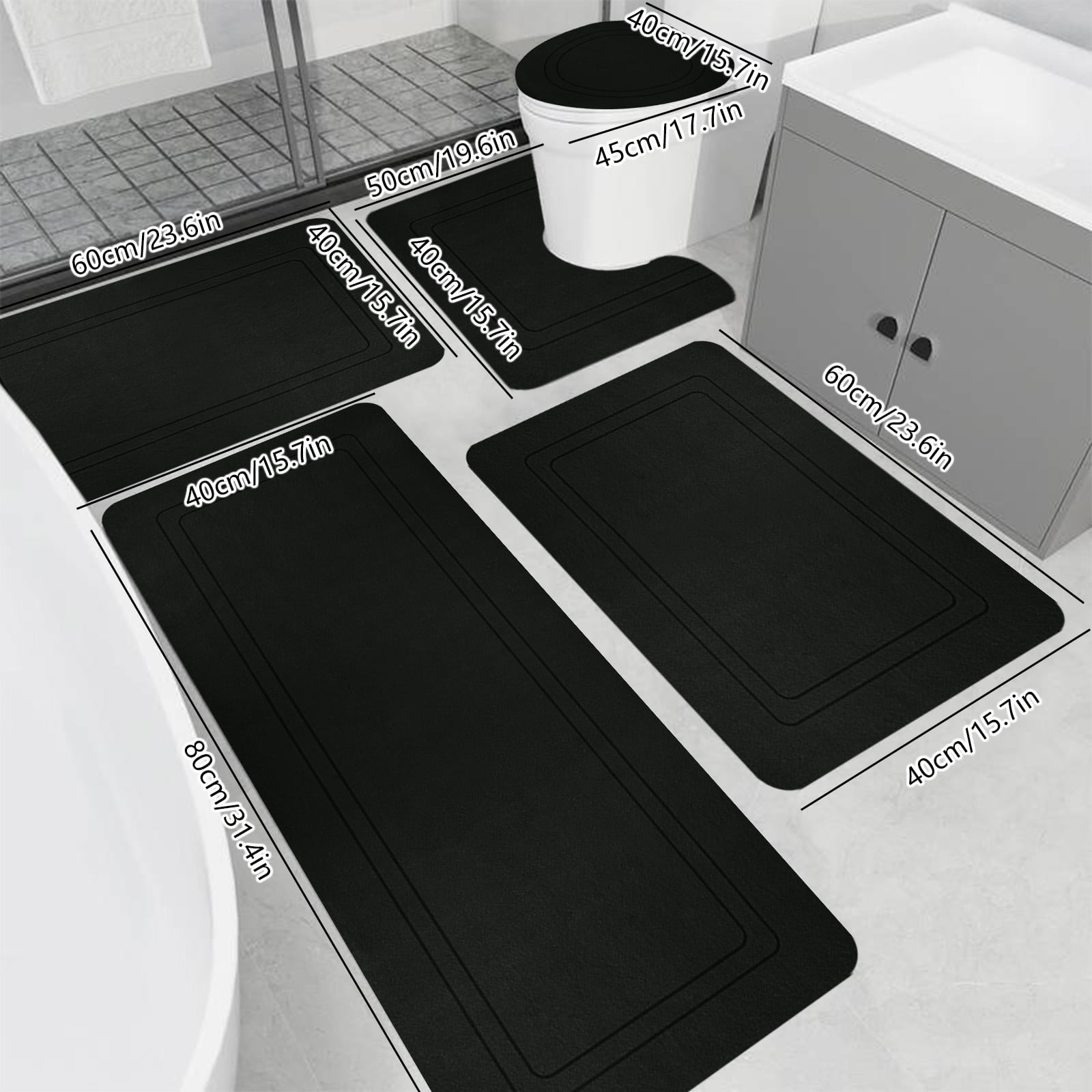 Twfbrm 5 Piece Bathroom Rugs Set, Modern Style Ultra Thin Bath Mat Fit Under Door, Non-Slip Rubber Backing Floor Mat, Super Absorbent Quick-Dry Washable Shower Mat for Toilet Bathtub and Kitchen