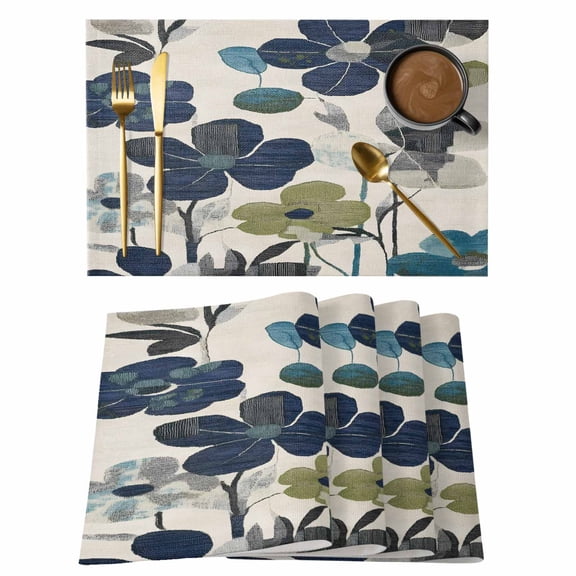 Navy Blue Green Floral Placemats Set of 4 Vintage Botanical Leaves Place Mats Indoor Wipeable Table Mats Washable Cloth Dining Table Placemats for Kitchen Holiday Party Home Decor 13x19 Inch