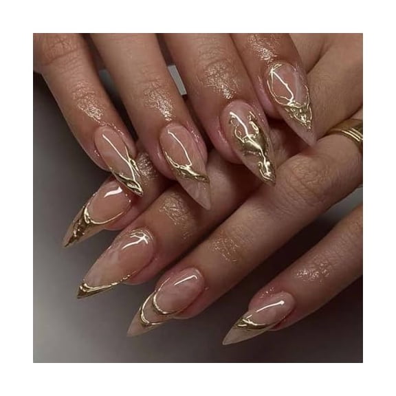 WEEKS Short Press on Nails Almond Fake Nails French Tip False Nails with Gold Line Design Glue on Nails Acrylic Nails Glossy Full Cover Stick on Nails for Women Manicure 24Pcs