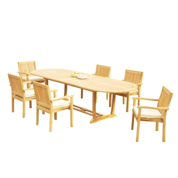 Grade-A Teak Dining Set: 6 Seater 7 Pc: 118" Mas Oval Trestle Leg Table And 6 Leveb Stacking Arm Chairs Outdoor Patio WholesaleTeak #51LV2707
