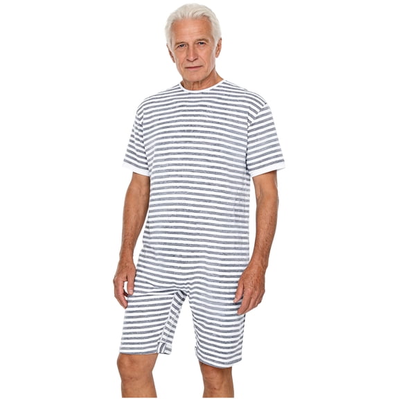 Raenseen Mens Elderly Special Needs Anti-strip Romper Jumpsuit Zipper Short Legs Striped Bodysuit Grey XL