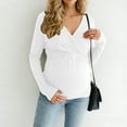thumbnail image 2 of mgoYE Women's Sweaters Split Side Long Sleeve V Neck Fall Maternity Clothes Ribbed Knit Trendy Pullover Tops(White,L), 2 of 9
