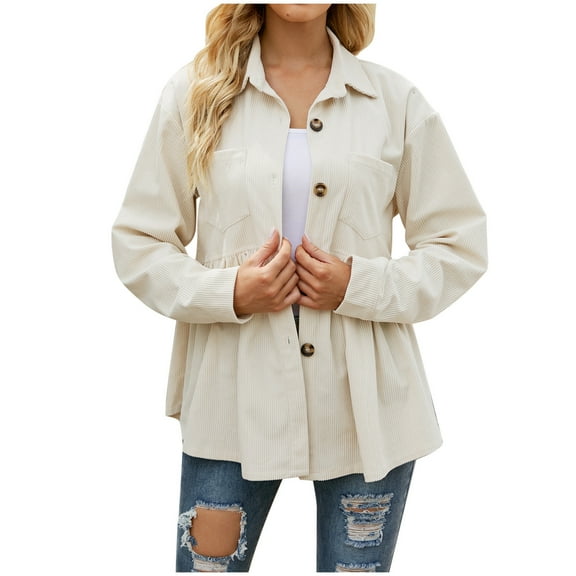 Women's Corduroy Button Down Shirts Collared Solid Long Sleeve Peplum Tops Pleated Casual Loose Fall Blouse Tee