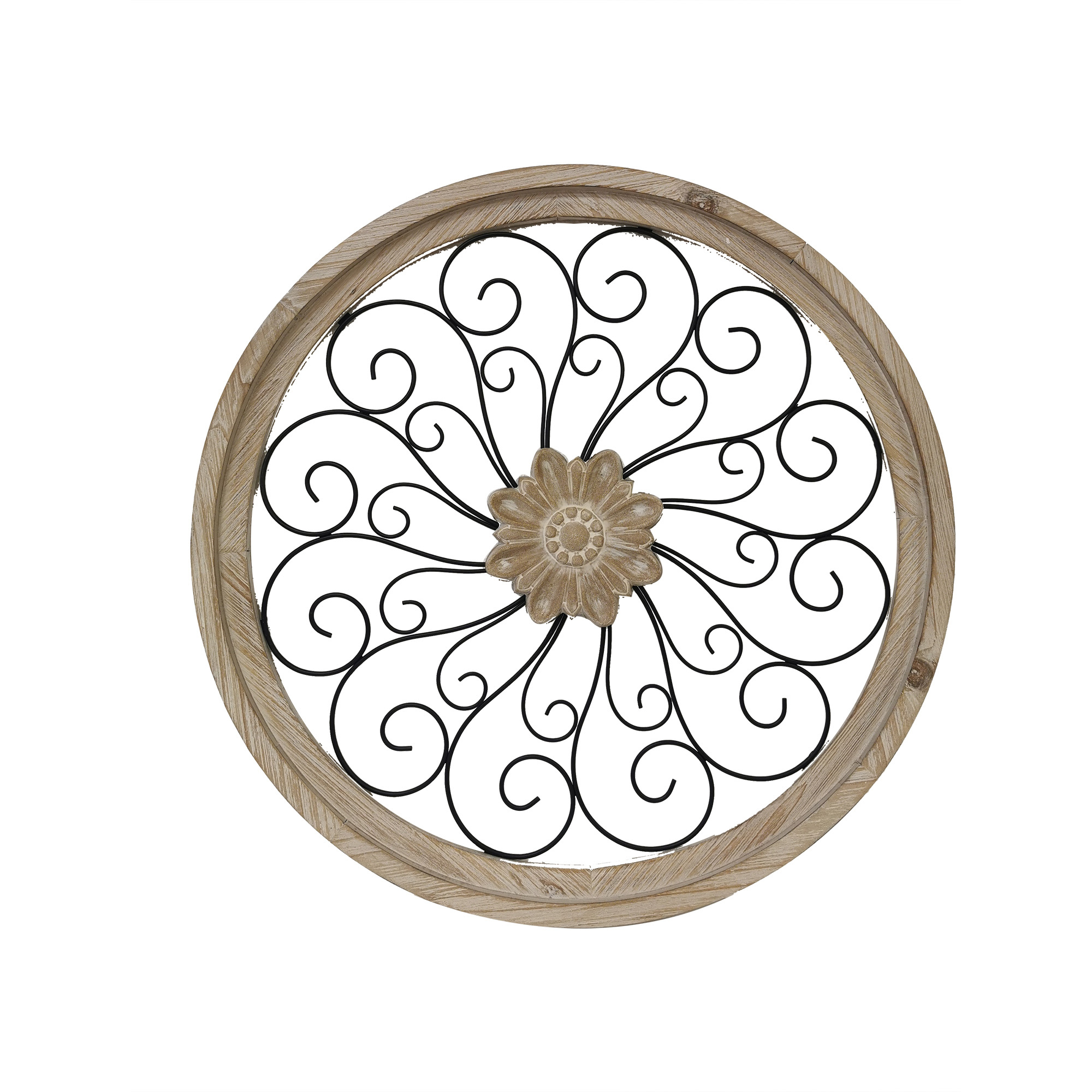 Brown Round Whitewash Metal With Carved Bloom Wall Decor ...